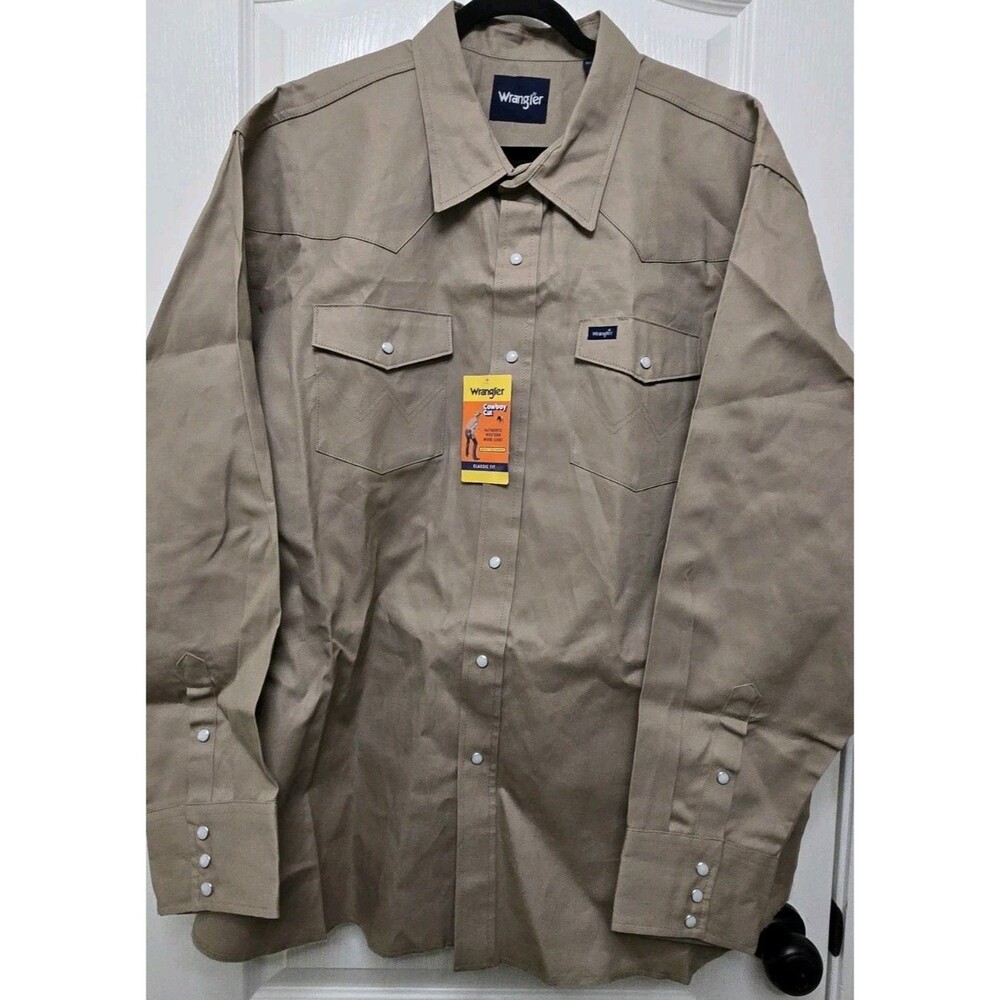 Wrangler Men's Cowboy Cut Firm Finish Western Snap Solid Work Shirt -KHAKI - 3XL